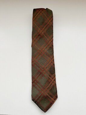Vintage XMI Umbria Green Brown Plaid Silk Tie rustic crosshatch autumn preppy